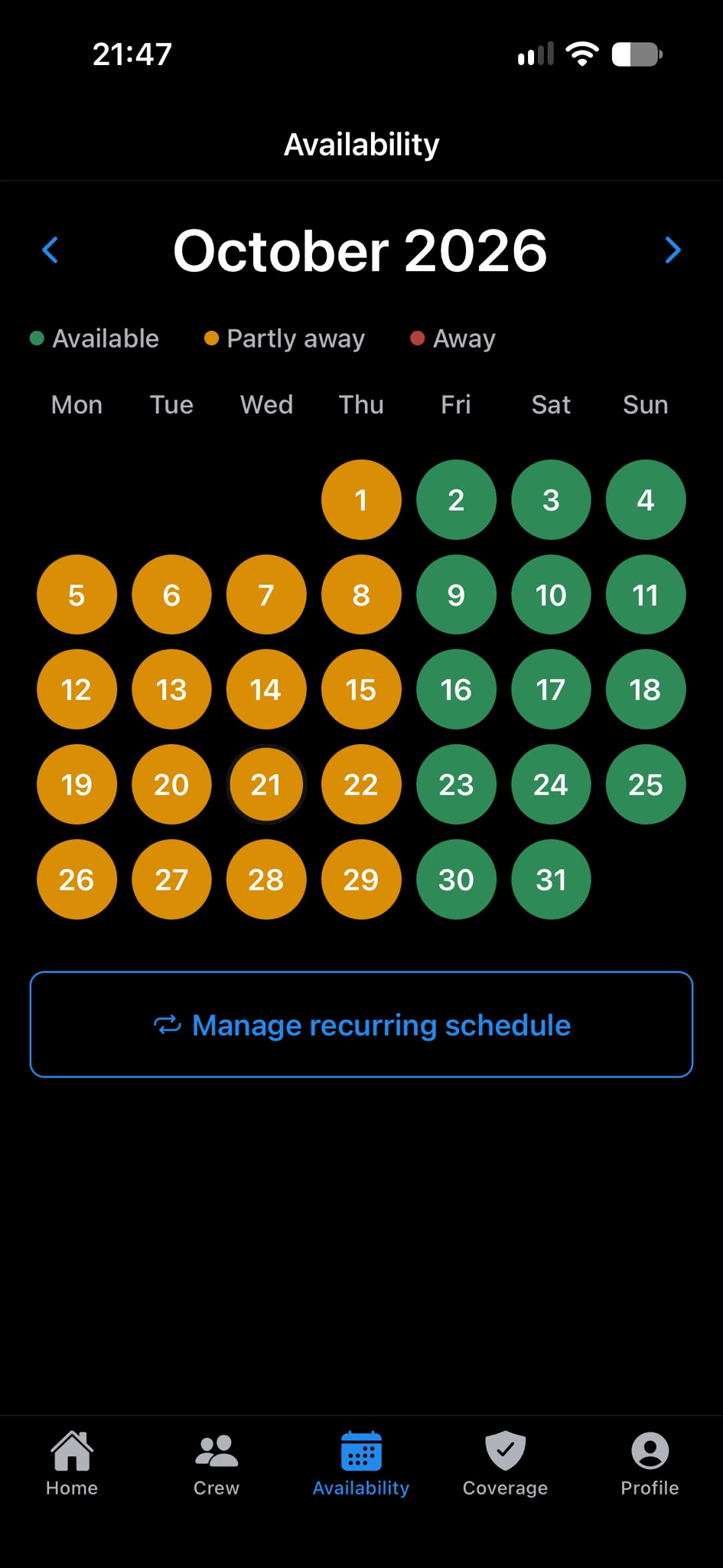The Availability screen showing a calendar for October 2026. Each day is coloured green for available or amber for partly away, with a button to manage a recurring schedule.
